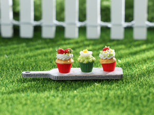 Three Summer Strawberry Cupcakes on Wooden Presentation Board - OOAK - Handmade Miniature Food