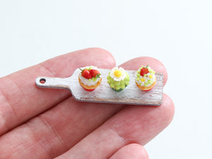 Three Summer Strawberry Cupcakes on Wooden Presentation Board - OOAK - Handmade Miniature Food