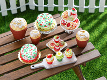 Load image into Gallery viewer, Three Summer Strawberry Cupcakes on Wooden Presentation Board - OOAK - Handmade Miniature Food