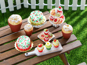 Three Summer Strawberry Cupcakes on Wooden Presentation Board - OOAK - Handmade Miniature Food