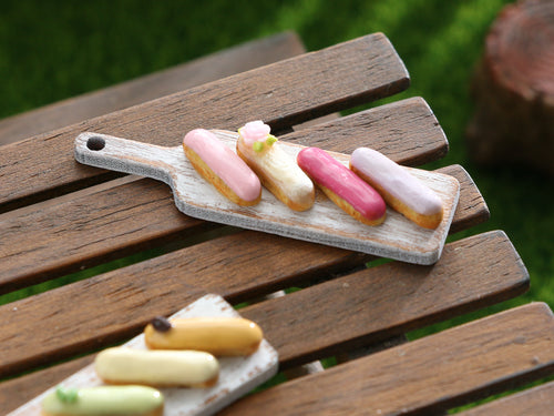 French Eclairs Presented on Wooden Board (Rose) - Handmade Miniature Dollhouse Food