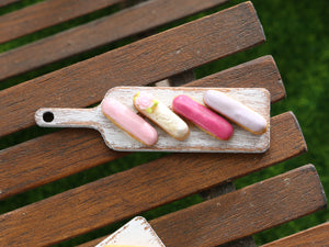 French Eclairs Presented on Wooden Board (Rose) - Handmade Miniature Dollhouse Food