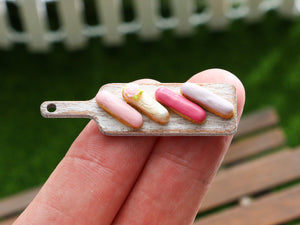 French Eclairs Presented on Wooden Board (Rose) - Handmade Miniature Dollhouse Food