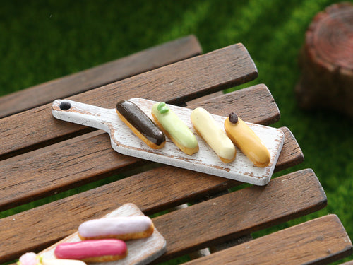 French Eclairs Presented on Wooden Board (Chocolate, Coffee...) - Handmade Miniature Dollhouse Food