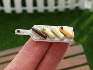 French Eclairs Presented on Wooden Board (Chocolate, Coffee...) - Handmade Miniature Dollhouse Food