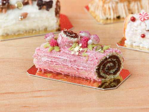 Traditional Chocolate and Raspberry Pink Yule Log / Bûche de Noël - Miniature Food in 12th Scale