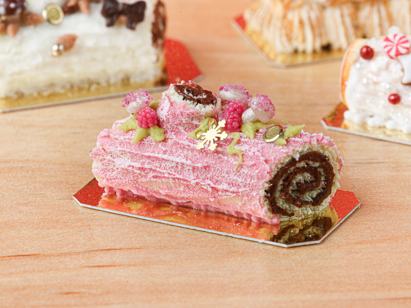 Traditional Chocolate and Raspberry Pink Yule Log / Bûche de Noël - Miniature Food in 12th Scale