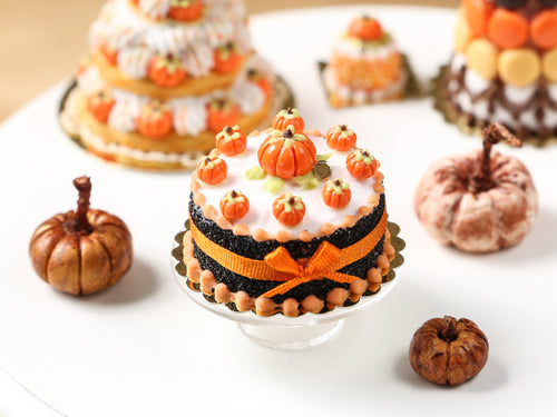 Miniature Cake for Autumn & Halloween, Pumpkins, Orange Bow - Miniature Food