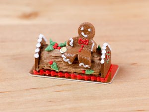 Gingerbread Man Sitting on Christmas Yule Log - Miniature Food