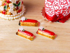 Snowflake and Red Iced French Christmas Eclair - Miniature Food