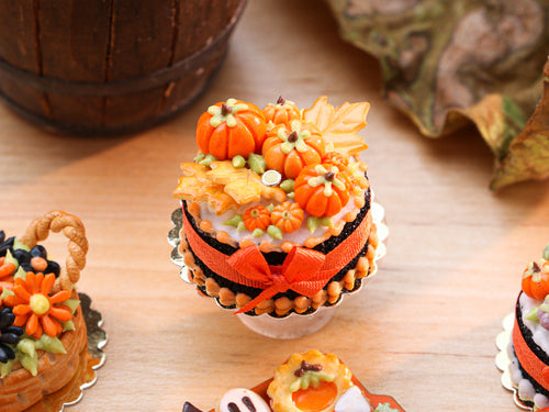 Autumn Cake Decorated with Orange Pumpkins, Leaf Cookies - 12th Scale Miniature Food