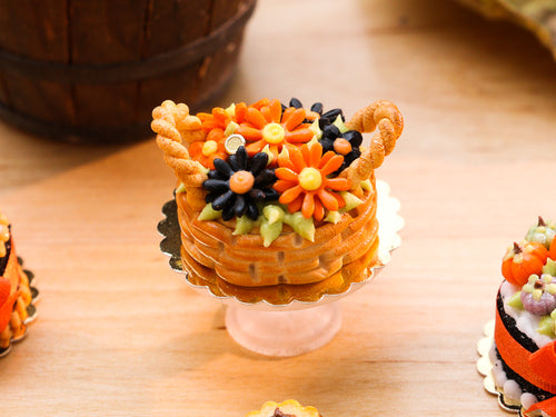 Autumn Basket Cake of Orange and Black Marguerite Daisy Flowers - Miniature Food