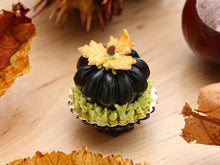 Load image into Gallery viewer, Black Pumpkin Cake, Cookie Leaves - 12th Scale Miniature Food