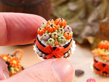 Load image into Gallery viewer, Miniature Cake Decorated with Coloured Pumpkins (Violet, Green Orange) - 12th Scale Miniature Food
