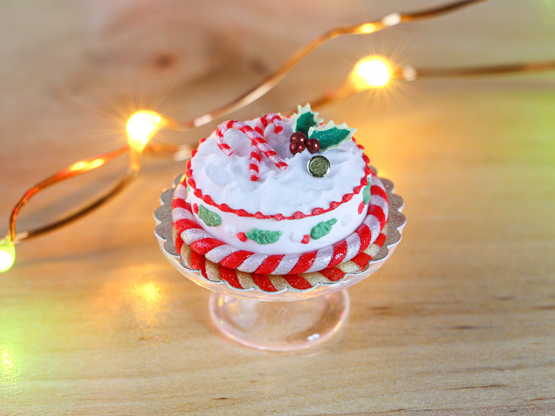 Christmas Cake Decorated with Candy Cane and Holly Piping - 12th Scale Miniature Food