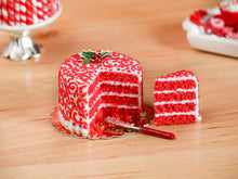 Load image into Gallery viewer, Red Velvet Layer Cake with Slice for Christmas Decorated with Holly, Arabesque Swirls - 12th Scale Miniature Food