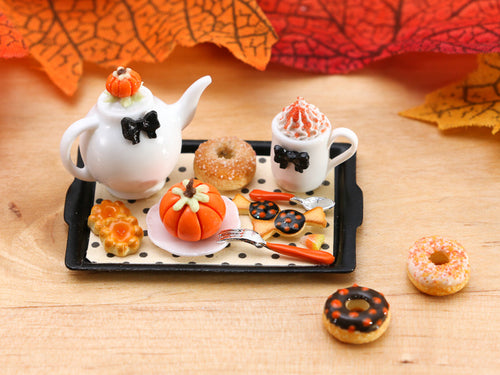 Autumn Teatime Tray Set (Teapot, Cookies, Donut, Pumpkin Cake) - Miniature Food