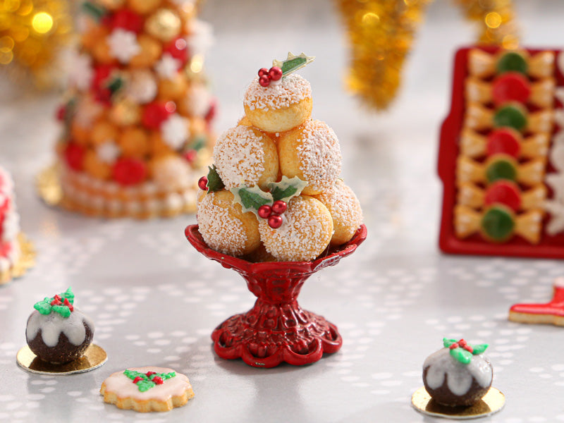 Christmas Choux Bun Display with Holly Decoration - Red Stand Stand- Miniature Food