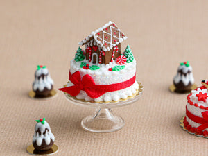 Christmas Cake Decorated with Tiny Gingerbread House - Miniature Food