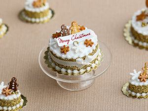 Golden Christmas Cake Decorated with Gingerbread & Cookie People - Miniature Food
