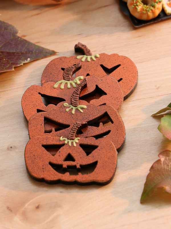 Set of Four Fun Decorative Wooden Jack O'Lantern Scary Pumpkin Face Decorations