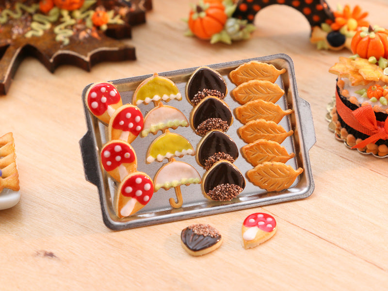 Fall Cookies on Metal Baking Tray (Toadstool, Umbrella, Chestnut, Leaf)