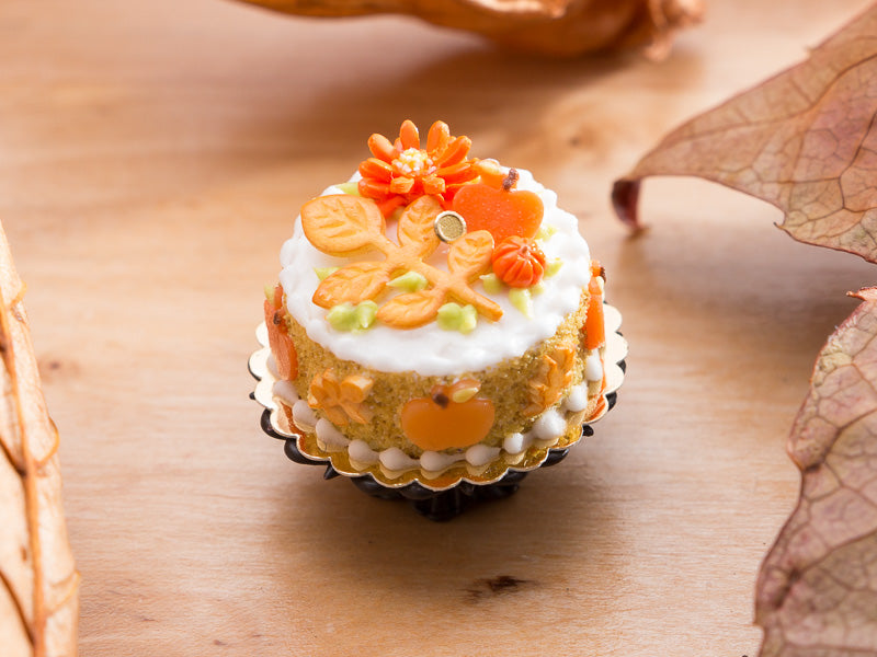 Fall Cake Decorated with Leaf and Branch Cookie, Apple, Flower and Pumpkin Candies - 12th Scale Miniature Food