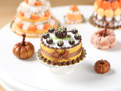 Halloween Cake with Dark Chocolate Pumpkins, Chocolate Coloured Bow - 12th Scale Miniature Food