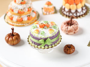 Halloween Miniature Cake - Pumpkins, Candy Corn, Frog Candies, Green Bow