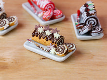Load image into Gallery viewer, Chocolate Christmas Swiss Roll Yule Log with Chocolate Snowflakes - 12th Scale Miniature Food