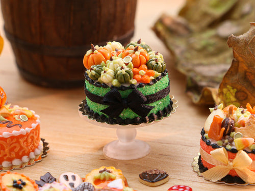 Miniature Autumn Cake Decorated with Coloured Pumpkins (Green, White/Cream, Orange) - 12th Scale Miniature Food