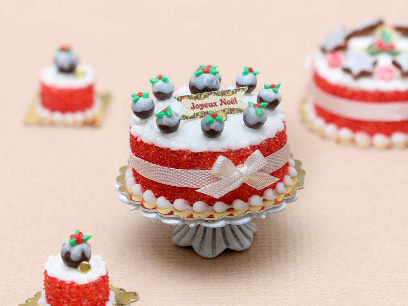 Christmas Cake Decorated with Christmas Puddings 'Joyeux Noel' - Miniature Food