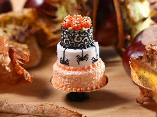 Spiders and Swirls - Beautiful Three Tiered Cake Decorated for Autumn / Halloween - 12th Scale Miniature Food
