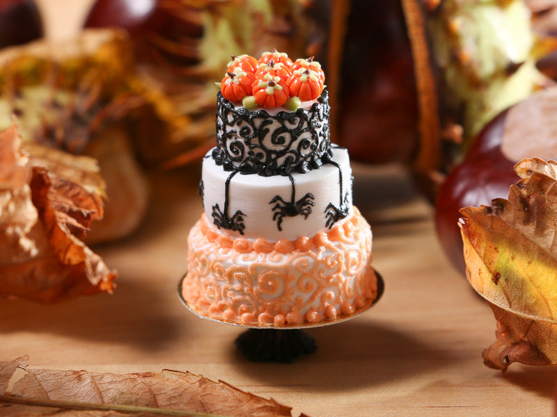 Spiders and Swirls - Beautiful Three Tiered Cake Decorated for Autumn / Halloween - 12th Scale Miniature Food