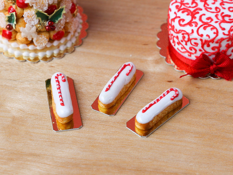 Candy Cane Decorated French Eclairs for Christmas - Miniature Food