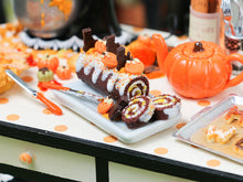 Load image into Gallery viewer, Autumn Chocolate Swiss Roll - Pumpkins and Black Chocolate Cats - Miniature Food in 12th Scale