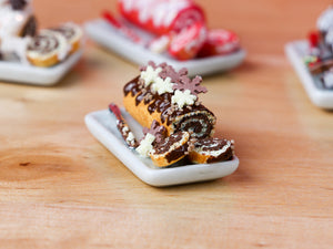 Chocolate Christmas Swiss Roll Yule Log with Chocolate Snowflakes - 12th Scale Miniature Food