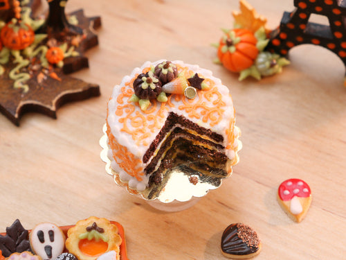 Open Chocolate Cake Decorated with Chocolate Pumpkins Candy Corn - 12th Scale Miniature Food