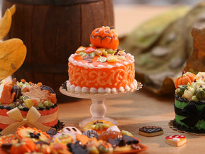 Miniature Cake with Jack O'Lantern and Halloween Candy and Cookie - 12th Scale Miniature Food