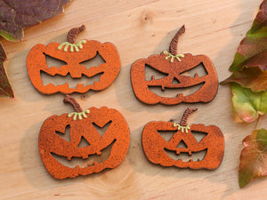 Set of Four Fun Decorative Wooden Jack O'Lantern Scary Pumpkin Face Decorations