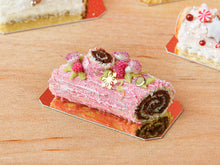Load image into Gallery viewer, Traditional Chocolate and Raspberry Pink Yule Log / Bûche de Noël - Miniature Food in 12th Scale