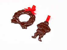 Load image into Gallery viewer, Pair of Dark Chocolate Christmas Decorations - Wreath and Santa - Miniature Food