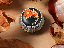 Load image into Gallery viewer, Classic Black Miniature Cake Decorated with Marguerite, Pumpkins, for Autumn / Halloween - 12th Scale Miniature Food