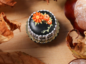 Classic Black Miniature Cake Decorated with Marguerite, Pumpkins, for Autumn / Halloween - 12th Scale Miniature Food