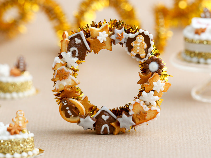 Decorative Christmas Gold Door Wreath with Cookies and Candies - Miniature Decoration