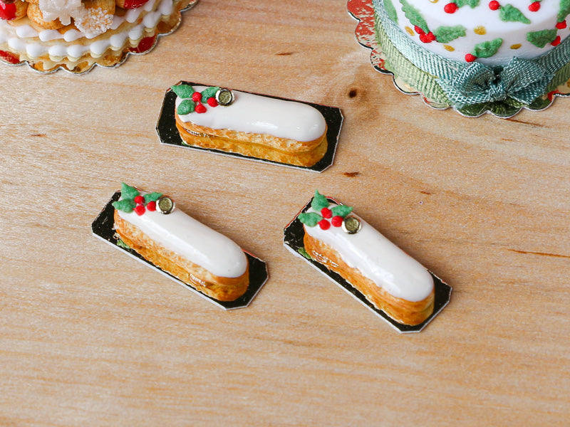 French Eclair with Holly Decoration for Christmas - Miniature Food