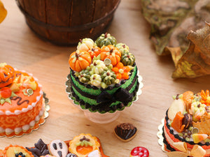 Miniature Autumn Cake Decorated with Coloured Pumpkins (Green, White/Cream, Orange) - 12th Scale Miniature Food