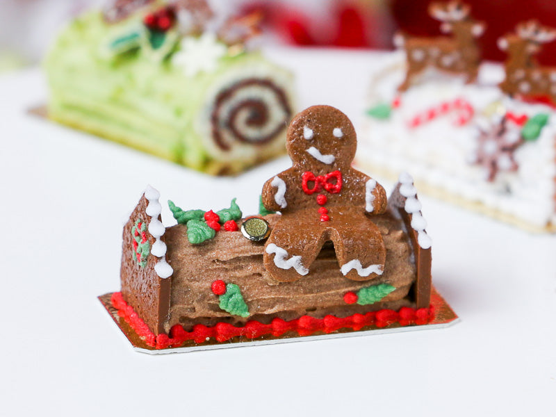 Gingerbread Man Sitting on Christmas Yule Log - Miniature Food