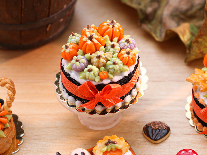 Miniature Cake Decorated with Coloured Pumpkins (Violet, Green Orange) - 12th Scale Miniature Food