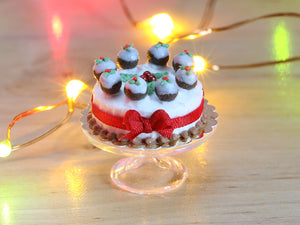 Christmas Cake Decorated with Tiny Christmas Puddings Holly and Red Ribbon - Miniature Food